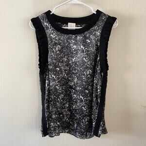 Cinq à Sept Lenore Night Sky Silk Tank Top Womens Large Black Ruffle Designer